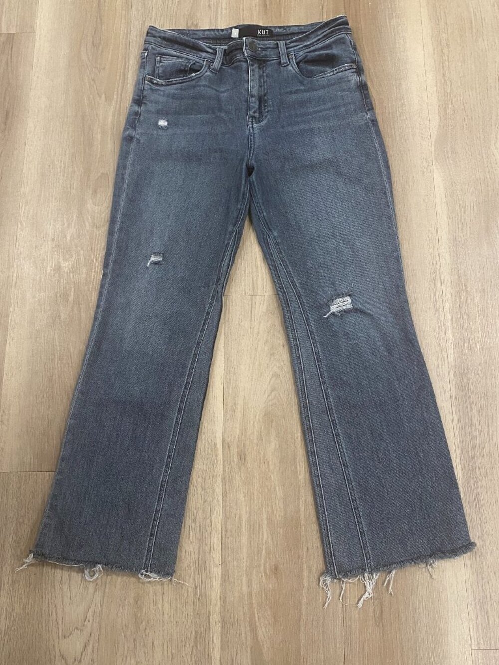 KUT fromthe Kloth Kelsey High Rise Ankle Flare Jeans Gray Distressed Short/Crop - Picture 2 of 10